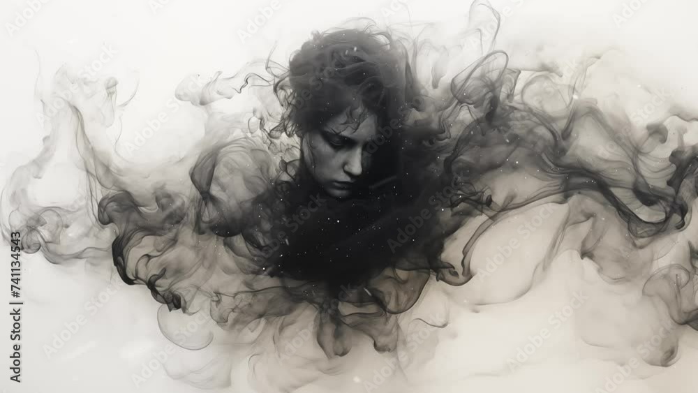 Man portrayed in smoky tendrils abstract ink forming. seamless looping overlay 4k virtual video animation background 