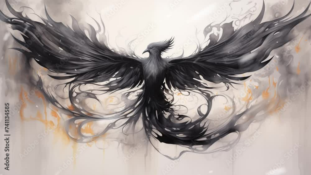 black and white background illustration. ethereal phoenix portrayed in smoky tendrils abstract ink forming. seamless looping overlay 4k virtual video animation background 