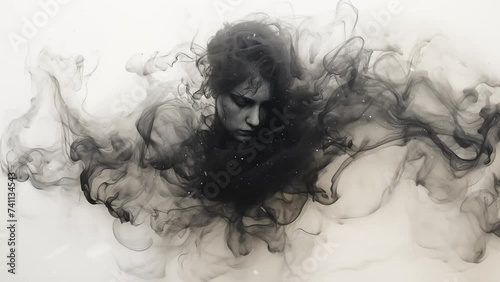 Man portrayed in smoky tendrils abstract ink forming. seamless looping overlay 4k virtual video animation background 