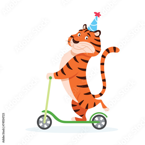Happy cartoon tiger in party hat rides a kick scooter. Holiday smiling wild cat isolated on white background. Adorable orange striped character. Animal vector illustration.