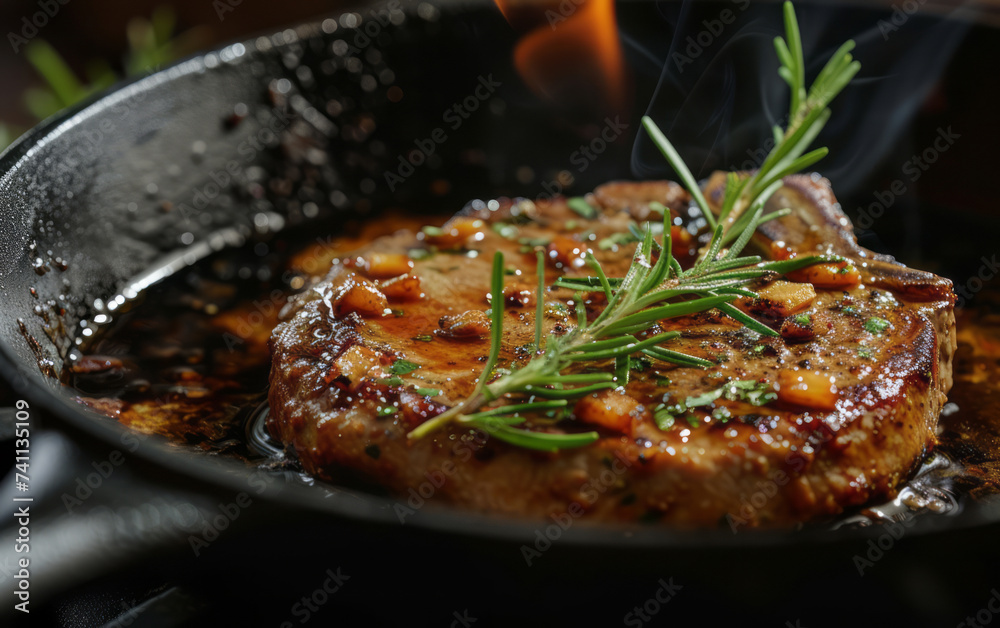 A pork chop is shown in smoked roux, in a melting pots style, with a dark amber color.
