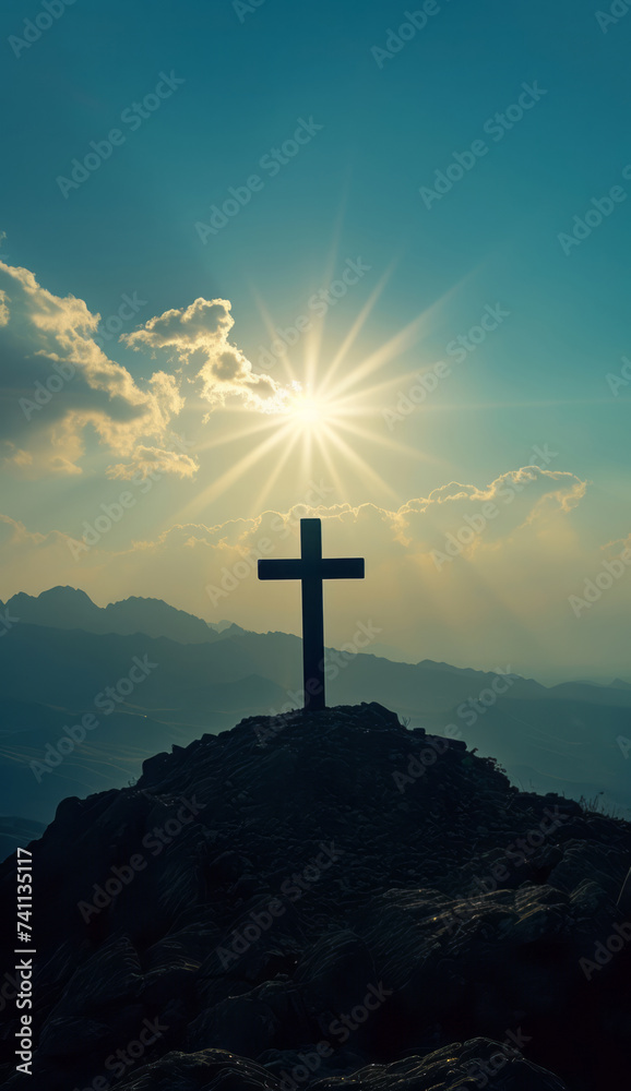 A cross silhouette on top of a mountain in a mountainous landscape with sunlight, in a cultcore style. A cross silhouette on top of a mountain in a mountainous landscape with sunlight, in a cultcore style.