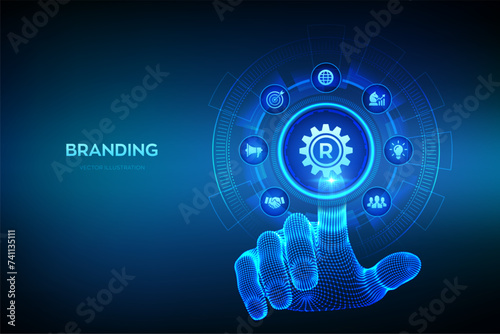 Branding. Brand marketing and management. Branding or rebranding. Digital marketing, advertising, innovation, awareness tech concept. Wireframe hand touching digital interface. Vector illustration.
