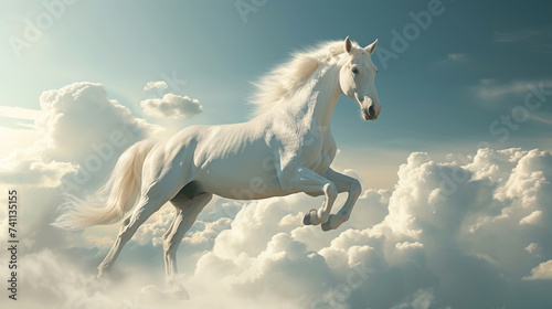 Fényképezés A white horse flying through the sky with clouds, with a sleek metallic finish