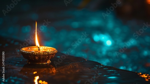 An oil lamp at night, in light teal and dark gold, evoking emotional resonance and Hindu art and architecture.