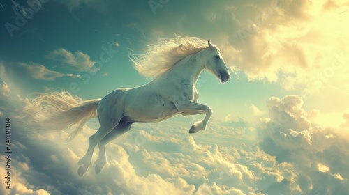 Vászonkép A white horse flying through the sky with clouds, with a sleek metallic finish