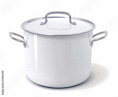 A large white stock pot with a metal handle is shown, in a limited color range, shiny