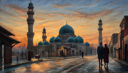 Blue dome mosque at sunset photo