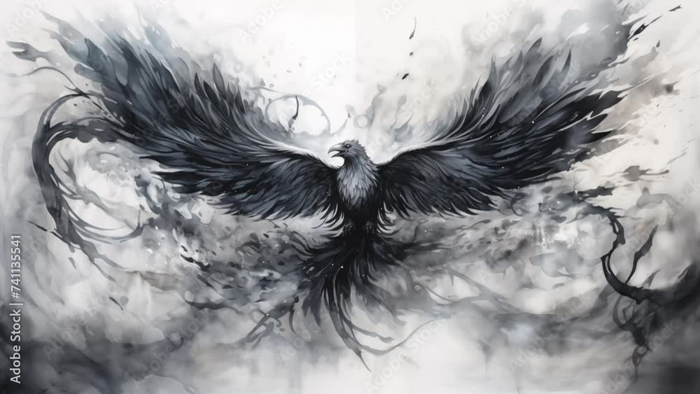 mythical phoenix materializing from smoky tendrils. black and white ...