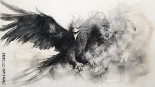 abstract background illustration on white background with dark smoke. mythical griffin materializing through smoke abstract. seamless looping overlay 4k virtual video animation background  photo