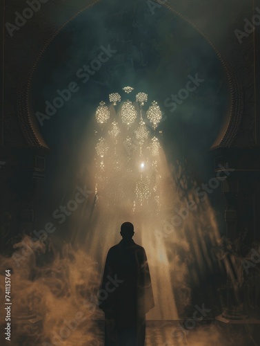 Silhouette of muslim man worshiping and praying for fasting and Islamic Eid in old mosque with lighting and smoke background - Eid Ul Fitr - generative ai