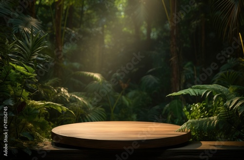 Wooden podium to present products. Design in green colors with plants and jungle style. Mockup for branding, packaging