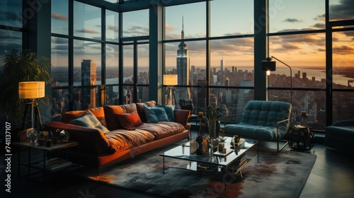 apartment with city view, large windows and beautiful lighting. Cozy and luxurious interior design
