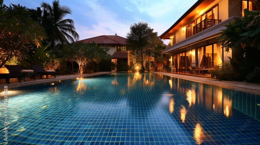 The luxurious swimming pool in the luxury pool villa holds parties.