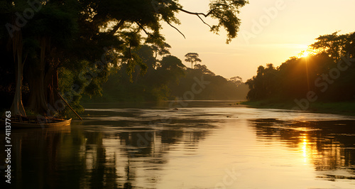 boat on river with sun reflecting in trees at sunset