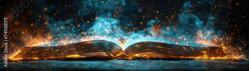 Magical book with fiery and mystical blue essence photo