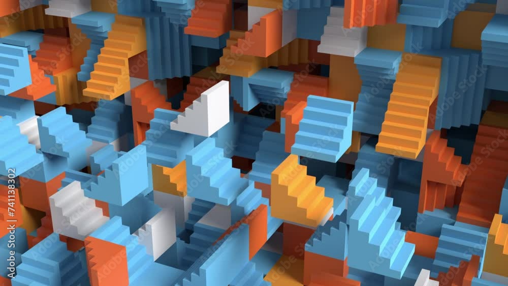 trendy colorful abstract 3d animation loop of stairs blocks. can be used to represent a motion graphic background, contemporary creative architecture or a surreal structure
