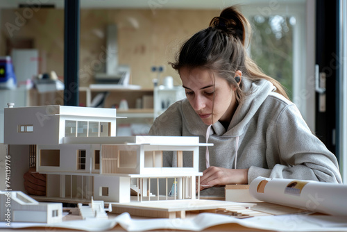 Architecture student woman work on models of the modern house