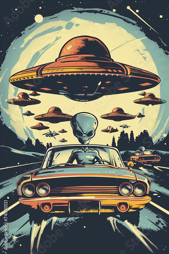 Extraterrestrial Joyride: Alien Cruising in a Retro Car - Sci-Fi Adventure, Interstellar Journey photo