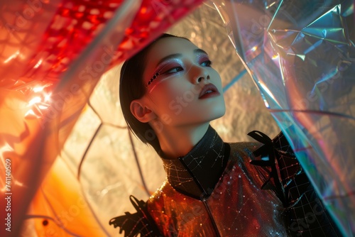 Professional Photography of an Asian Top Model in a Futuristic Fashion Editorial, Generative AI