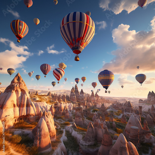 A beautiful image of balloons flying through the sky in a stunning setting. Image made by artificial intelligence.