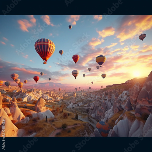 A beautiful image of balloons flying through the sky in a stunning setting. Image made by artificial intelligence.