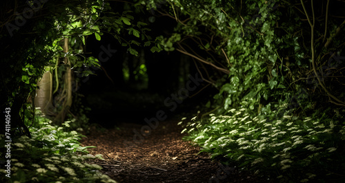 a pathway with lush green and bushes going to a path through a forest at night