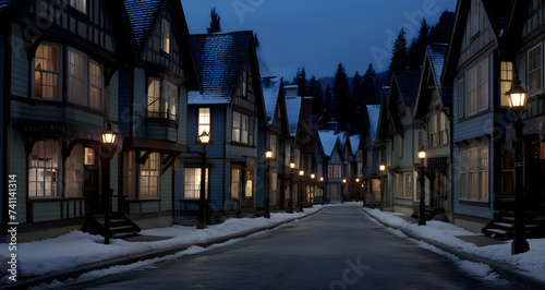 a snow covered street with houses and lanterns