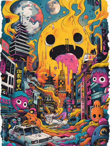 Whimsical Cityscape  Vibrant Comic Monster Picture - Abstract Vector Illustration Bursting with Colorful Comic Elements - Dynamic Urban Fantasy  Playful Monsters  Surreal City Scene  Vibrant Comic