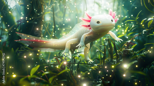 Axolotls glide through a hologram forest parasites twinkling like distant stars