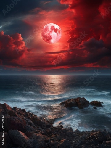 big red moon above the ocean