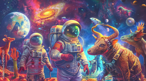 Experience the wonder of animals as they embrace the cosmos donning astronaut gear to embark on a cosmic journey of discovery and enlightenment in a realm where fantasy meets reality
