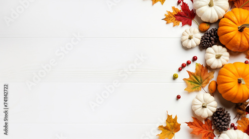 Festive autumn decor from pumpkins berries and leaves on a white wooden background