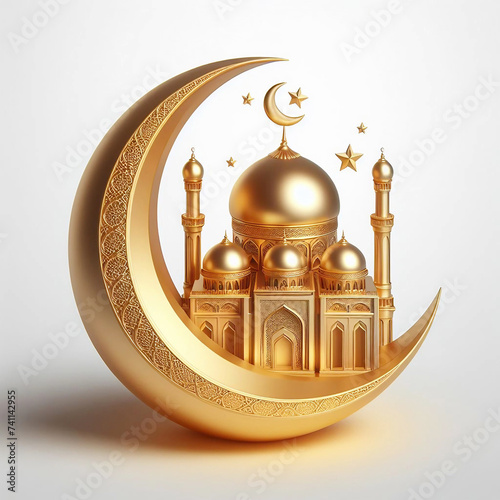 3d ramadan kareem golden moon with mosque background Ai generative.
