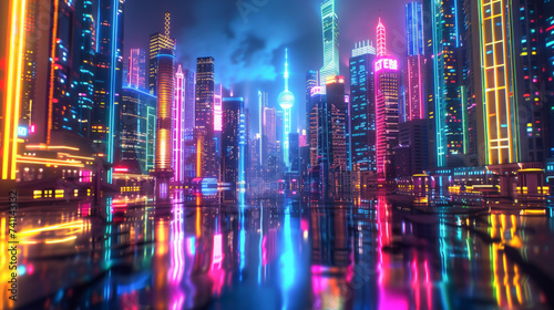 Neon plasma lights up utopia where beer rivers underpin city life photo