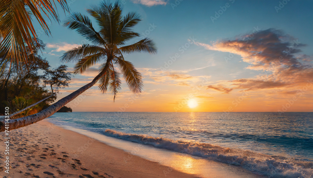Tropical summer sand beach and palm on sea sky background, copy space. Summer vacation 