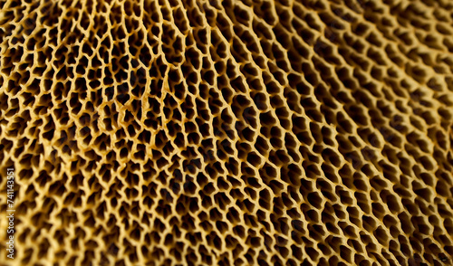 Close-up porous surface mushroom gills. View from below of mushroom gills creating a unique geometric pattern.