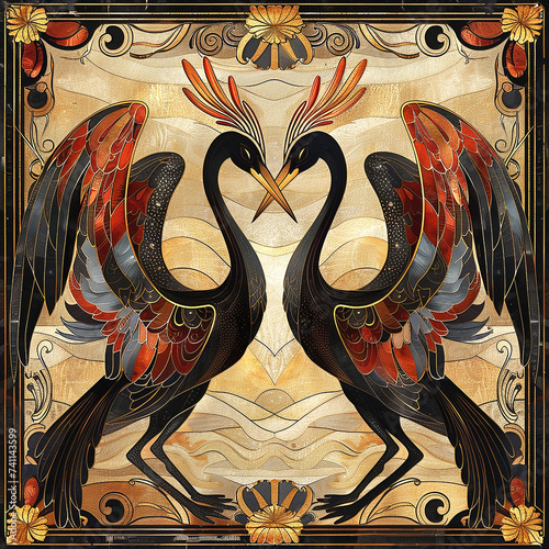 Stylized colorful design of birds in art nouveau style for decor or cushions. photo