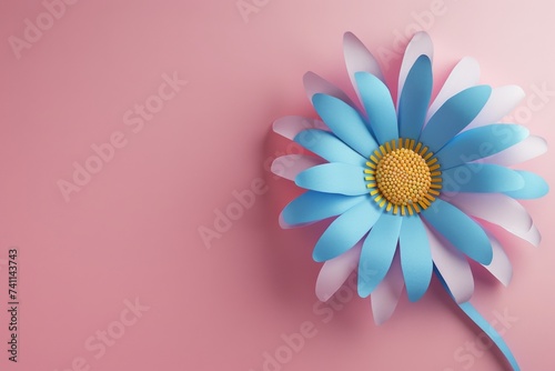 paper daisy is on a pale pink background, in the style of surreal 3d landscapes