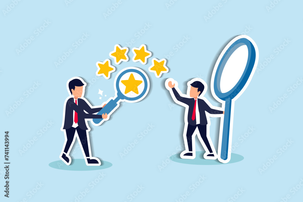Appraisal assessing quality/value, property rating, analyzing employee performance concept, businessman with magnifying glass with stars quality score Appraisal assessing quality/value, property rating, analyzing employee performance concept, businessman with magnifying glass with stars quality score