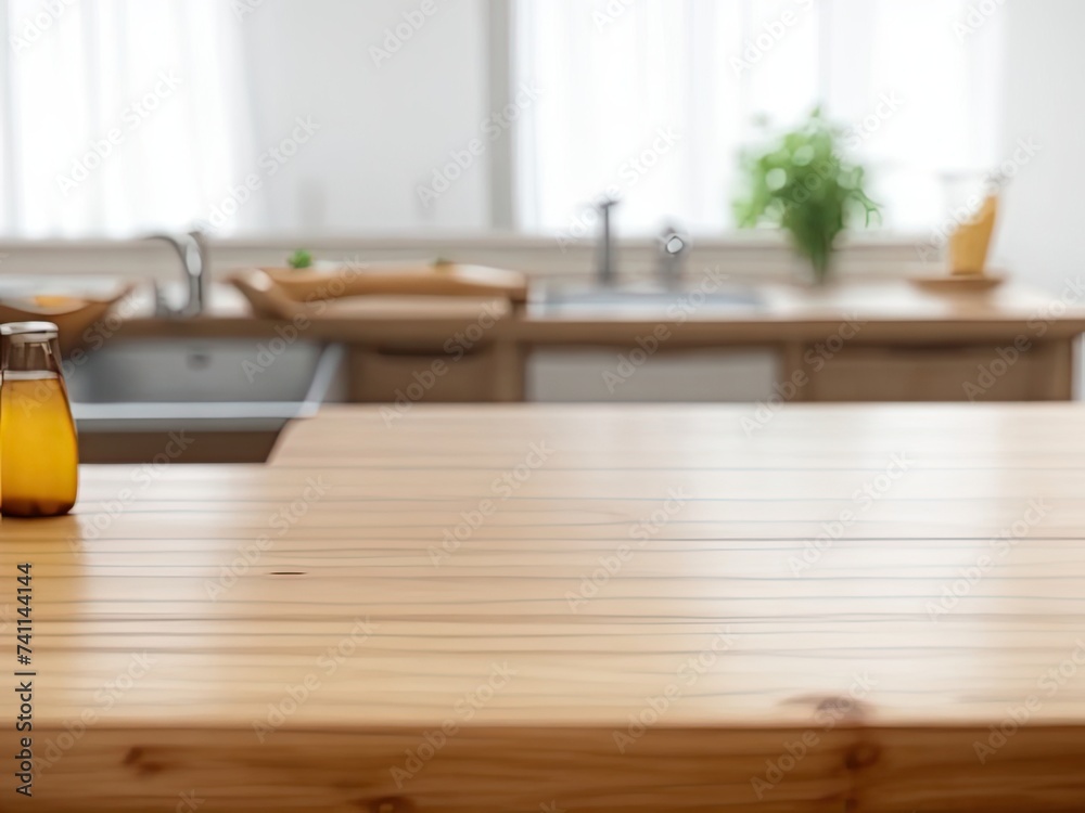 Wooden table with a background of a blurry kitchen bench. A wooden table that is empty and a fuzzy kitchen background