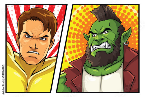 Hero VS Villain Comic Panel Cartoon Vector Pop Art (ID: 741144980)