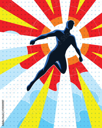 Flying Superhero Silhouette Cartoon Vector Pop Art (ID: 741144987)