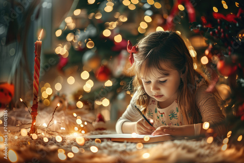 Cute little girl is writing wishlist letter to Santa Claus photo