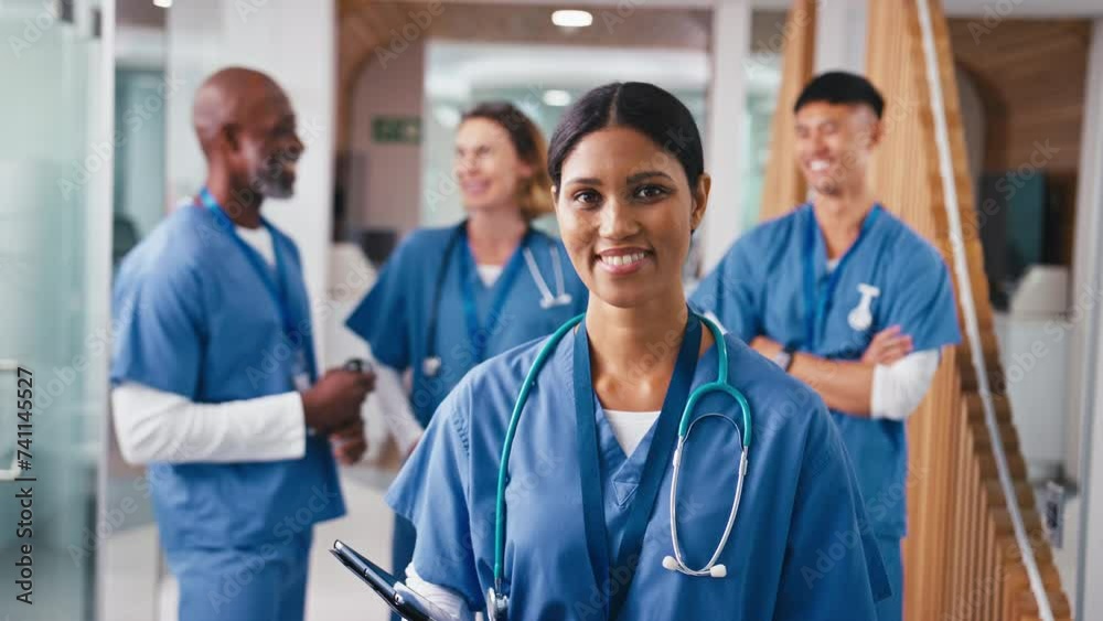 Close up portrait of smiling female doctor or nurse with digital tablet wearing scrubs standing in hospital corridor with multi-cultural team of colleagues in background - shot in slow motion Close up portrait of smiling female doctor or nurse with digital tablet wearing scrubs standing in hospital corridor with multi-cultural team of colleagues in background - shot in slow motion