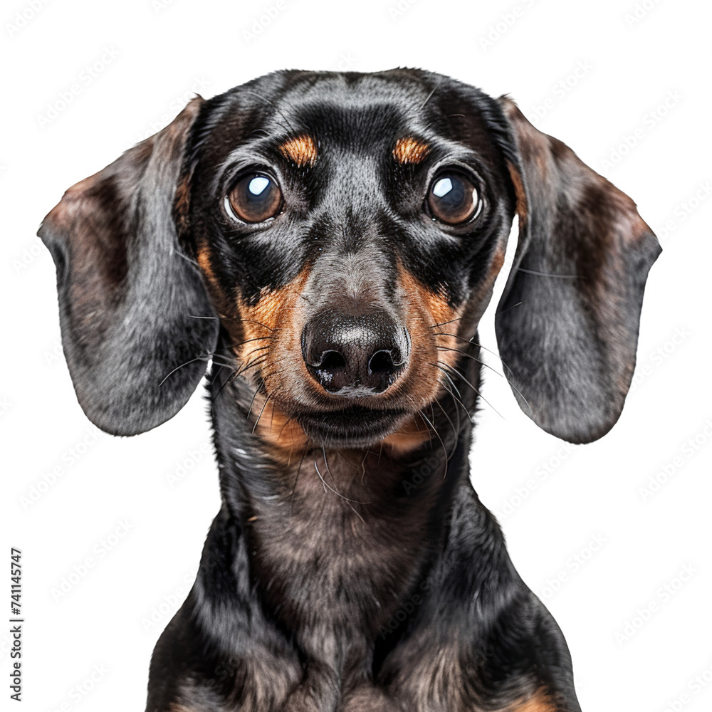 Close up of dachshund face isolated on transparent background, cut out, png, sausage dog