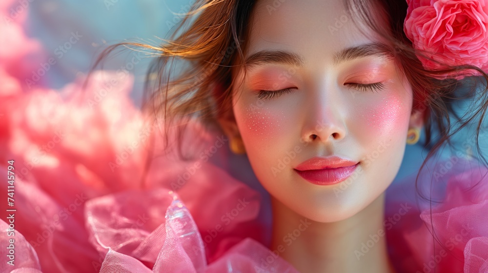 Young Asian beauty woman eyes closed and smiling with Korean makeup style. Young Asian beauty woman eyes closed and smiling with Korean makeup style.