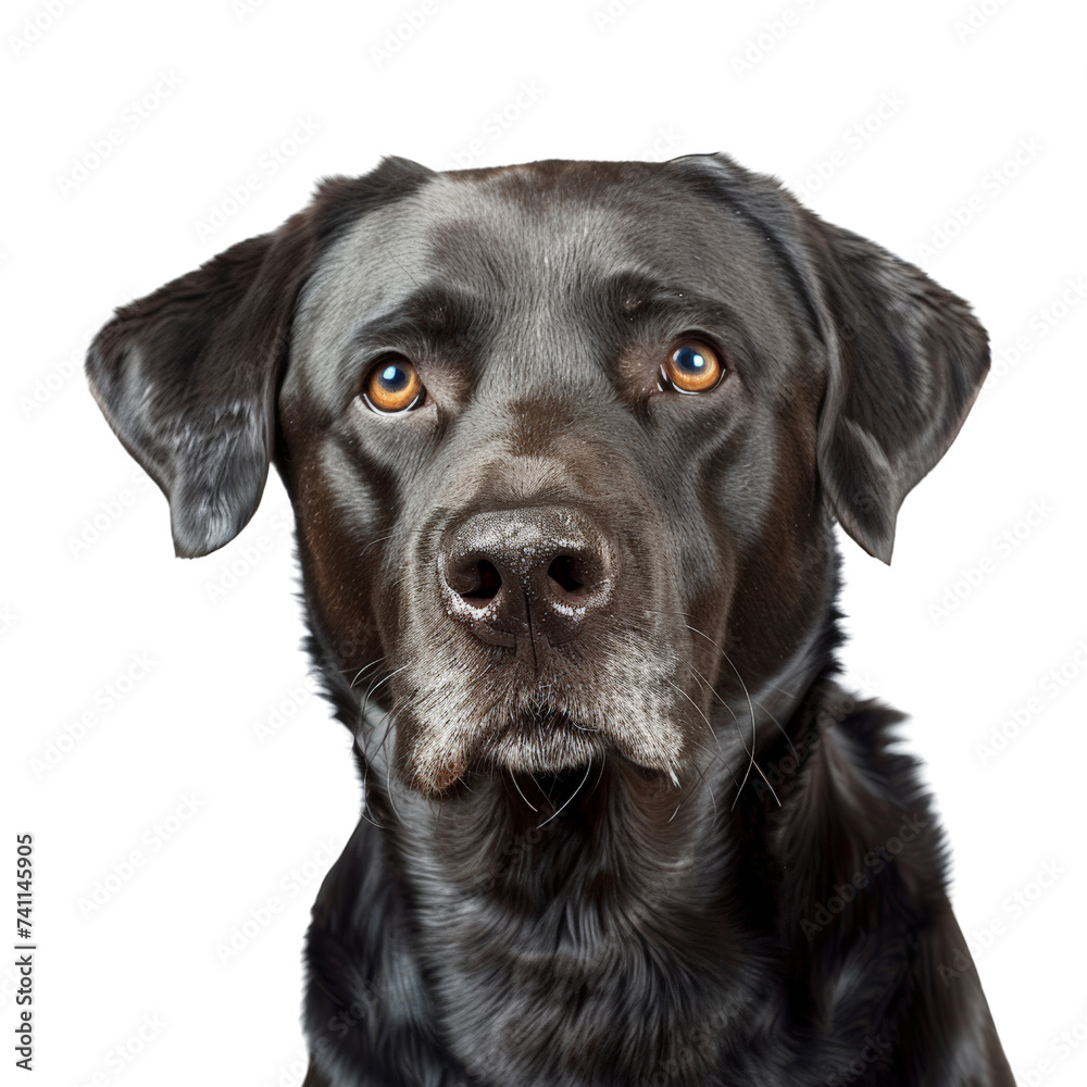 Soulful Gaze: A portrait of a black Labrador Retriever with soulful, amber eyes that captivate the viewer isolated on transparent background, cut out, png