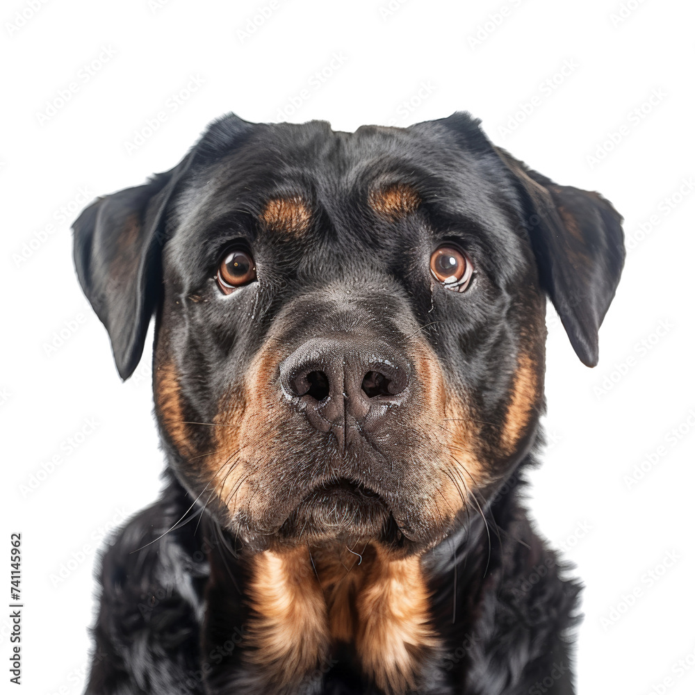 Obraz premium Close up of rottweiler dog face isolated on transparent background, cut out, png, cute dog