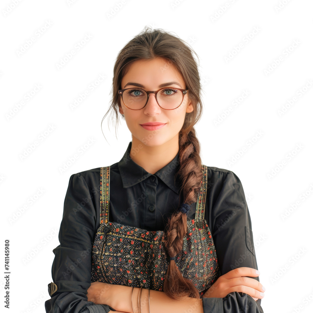 Beautiful woman in an apron and glasses isolated on transparent background, cut out, png Beautiful woman in an apron and glasses isolated on transparent background, cut out, png
